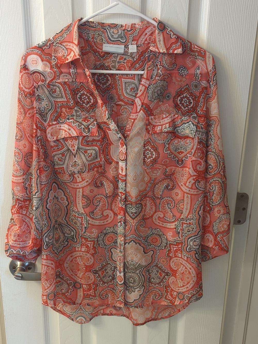 New York & Company Coral Paisley Sheer Button-Front Blouse